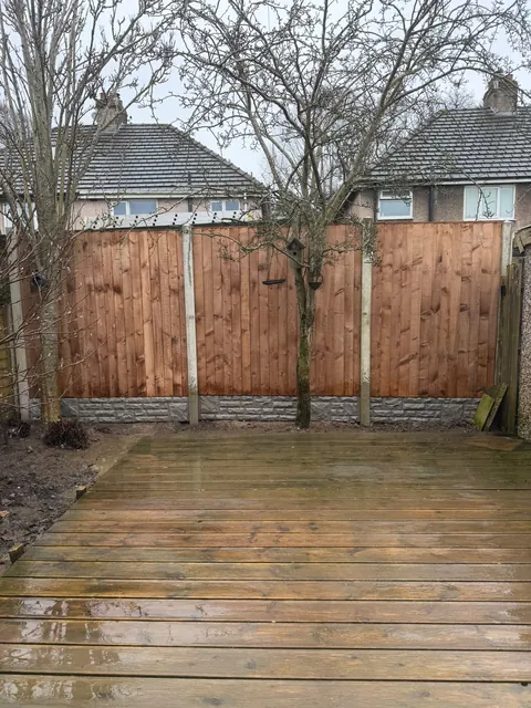 Timber fence panels between concrete posts behind a timber deck and a small tree.