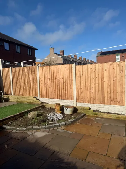 Timber fence panels on concrete posts and gravel boards behind a natural stone patio and planted bed.