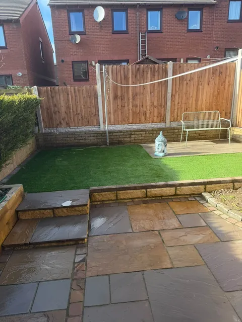 The garden seen from the house, with the timber fence along the back boundary.