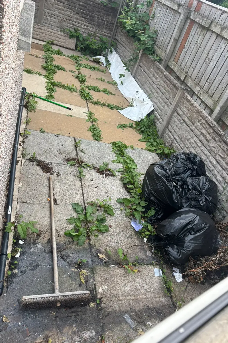 Old, cracked paving in a side garden, overgrown with weeds and cluttered with rubbish bags.